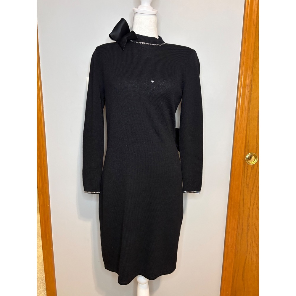 St John Evening Vintage Black Knit Open Back Dress Rhinestone Trim Satin Bows